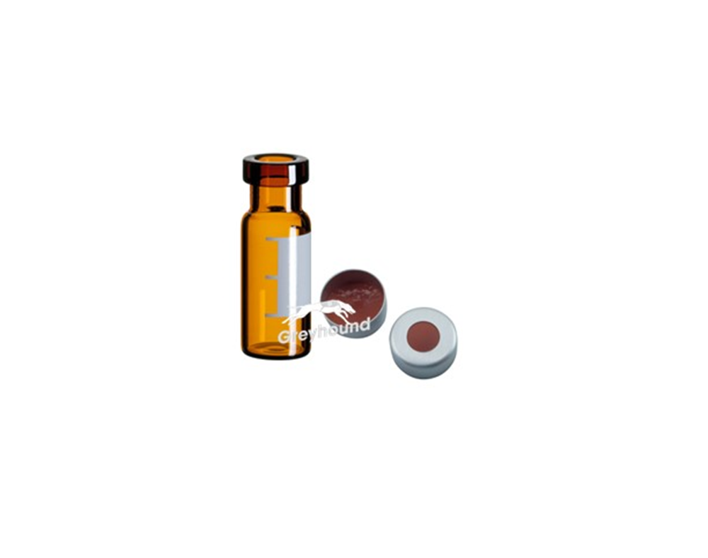 Picture of Vial Kit - P/Nos. 60-100143-A + 60-100649  2mL Wide Neck Vial, Crimp Top, Amber Glass with Write-on Graduation Patch + 11mm Aluminium Crimp Cap (Silver) with PTFE/Natural Rubber Septa